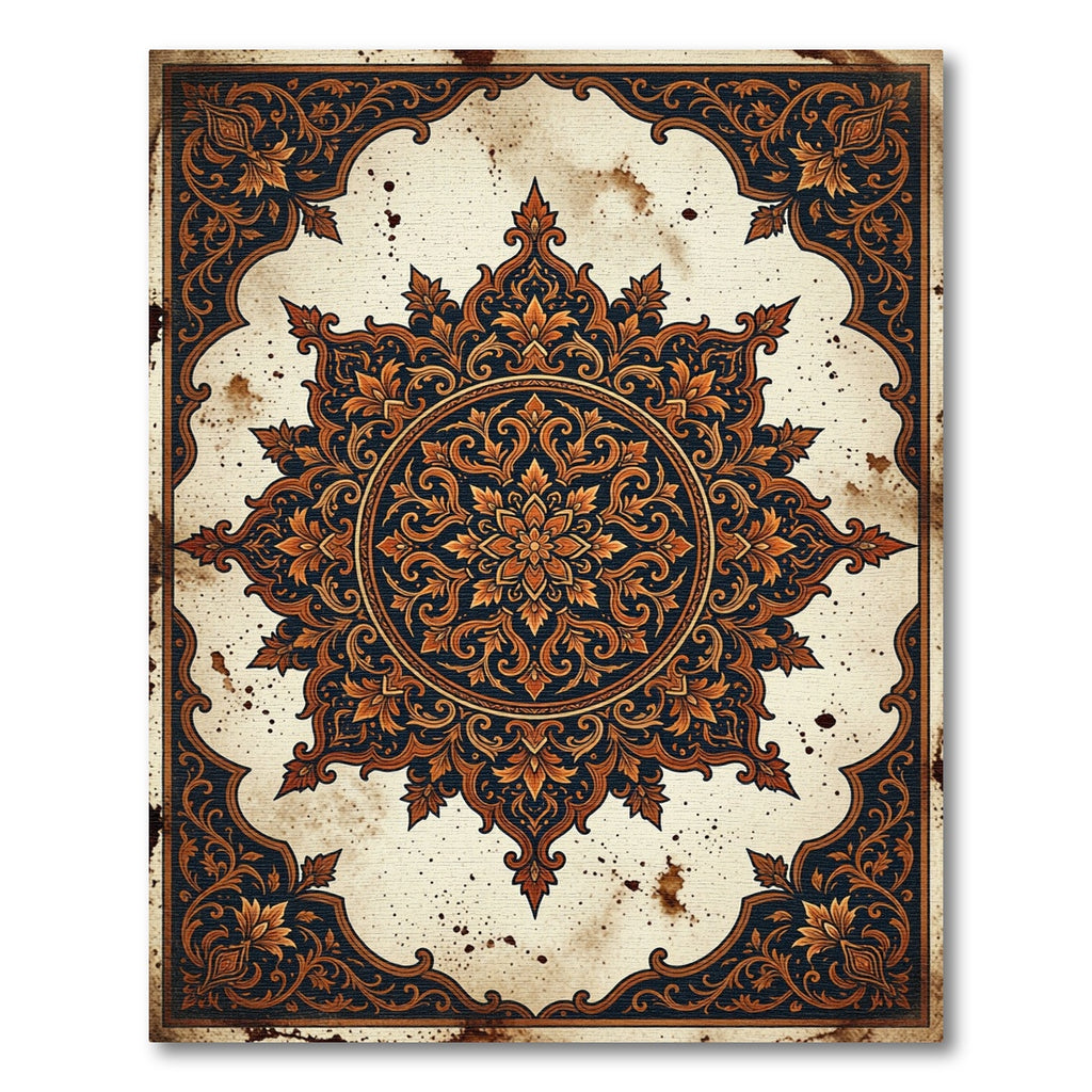 Ornate Amber Ochre Floral Medallion Rug