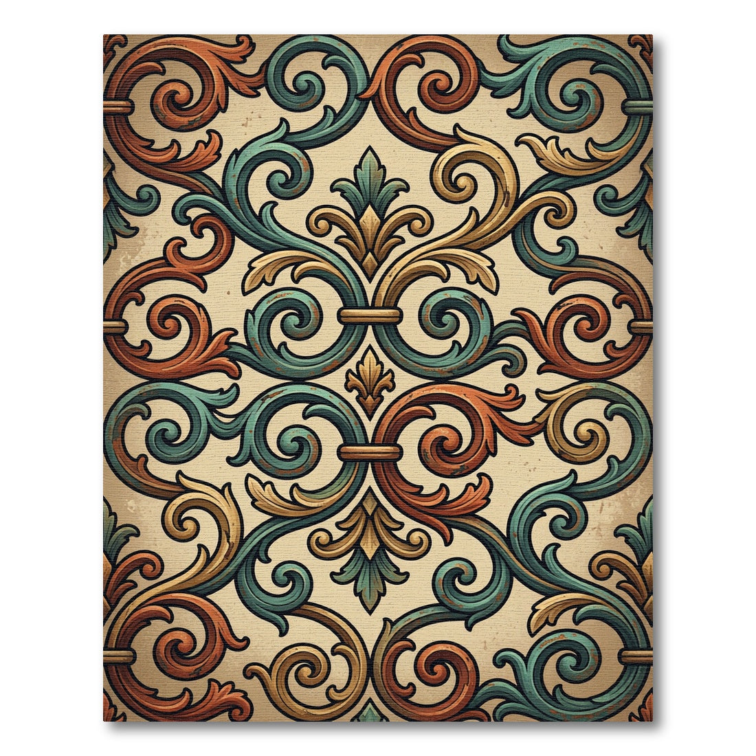 Vintage Teal And Ochre Ornate Scroll Rug
