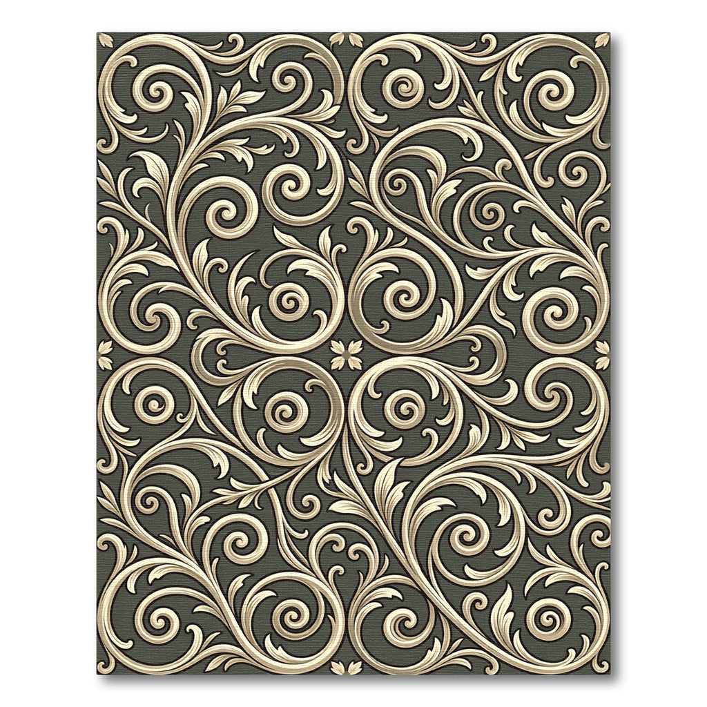 Ornate Gold Swirl Foliage on Gray Rug