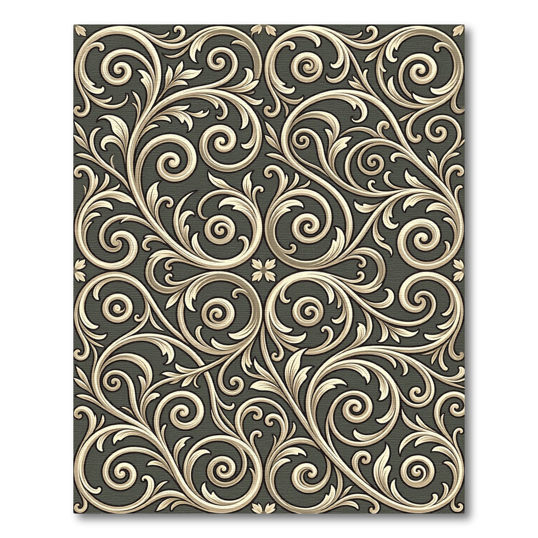 Ornate Gold Swirl Foliage on Gray Rug