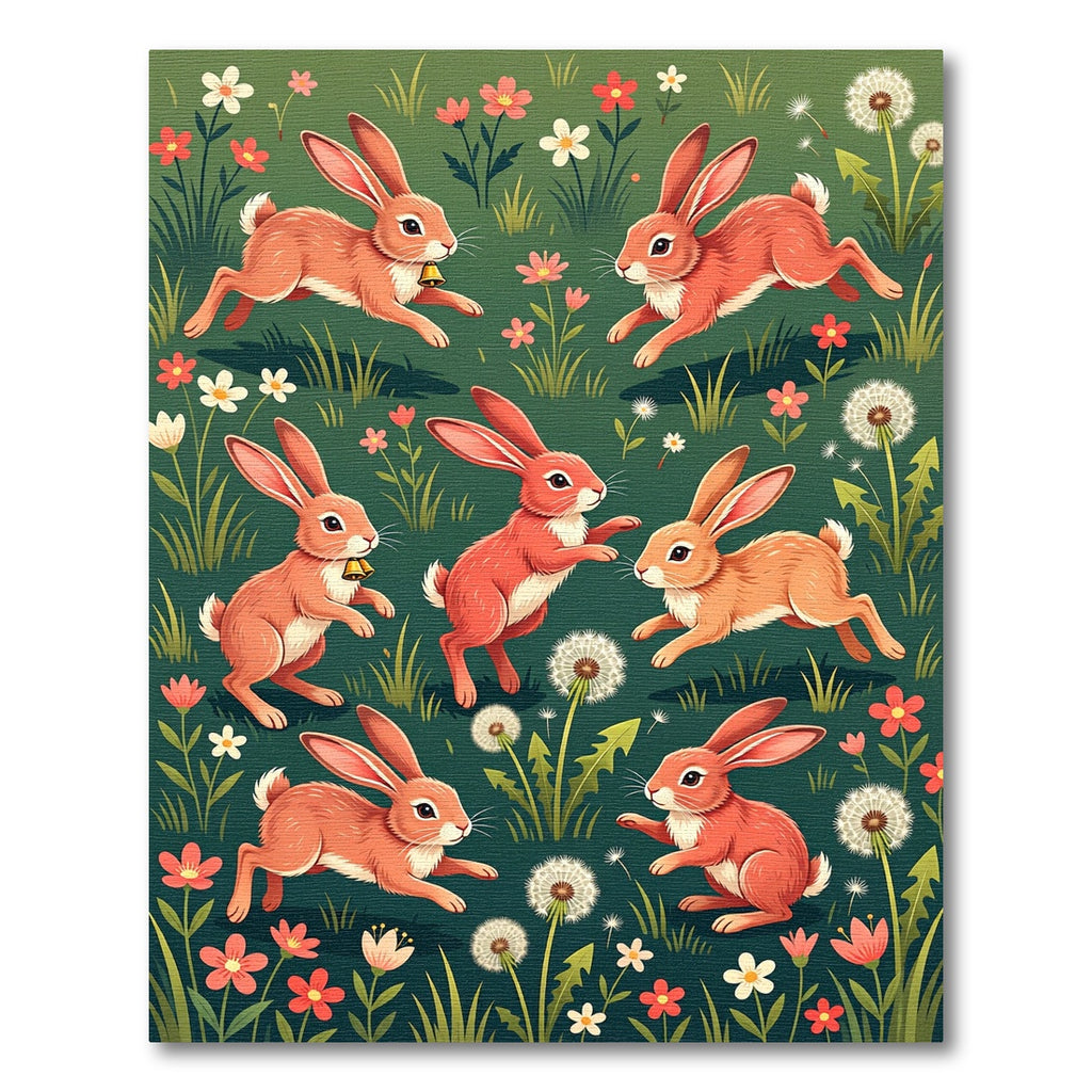 Whimsical Coral Rabbit Meadow Flora Rug