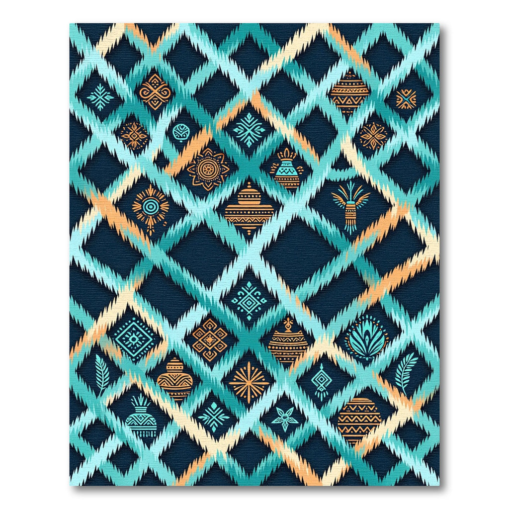 Teal and Gold Ikat Tribal Diamond Rug