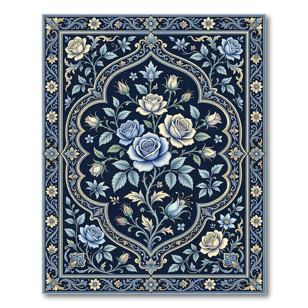 Elegant Blue Floral Medallion Rose Rug