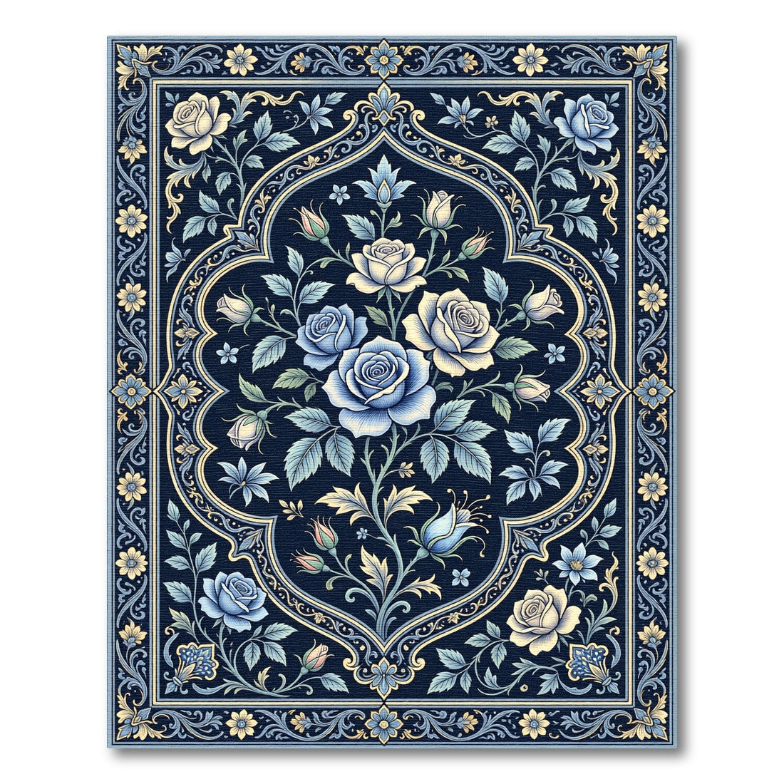 Elegant Blue Floral Medallion Rose Rug