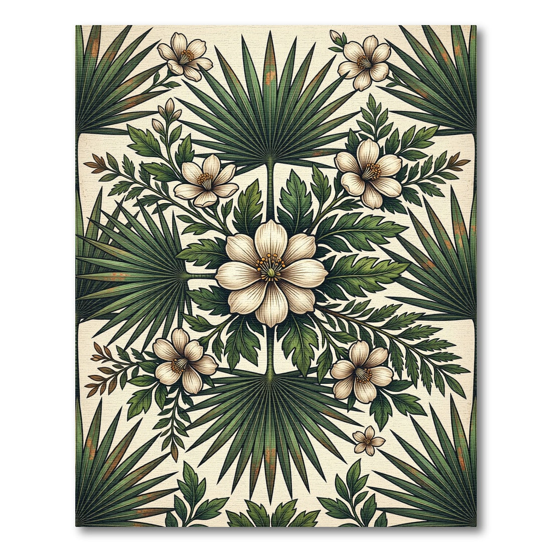 Tropical Cream and Green Palm Foliage Rug