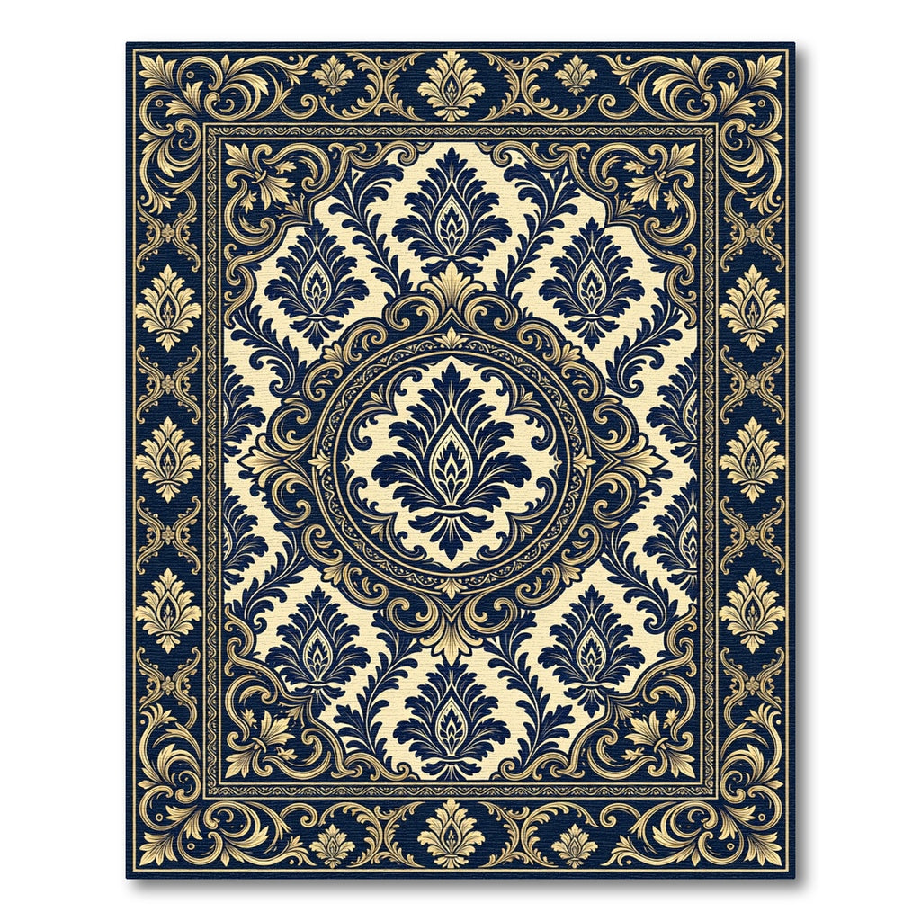 Elegant Navy Gold Damask Floral Medallion Rug