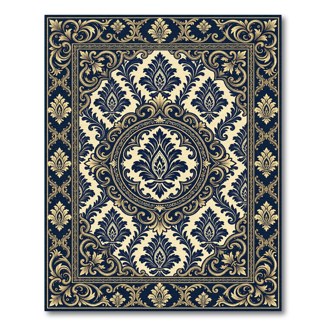 Elegant Navy Gold Damask Floral Medallion Rug