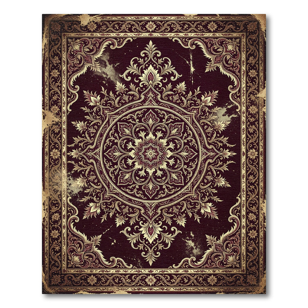 Ornate Deep Burgundy Gold Filigree Medallion Rug
