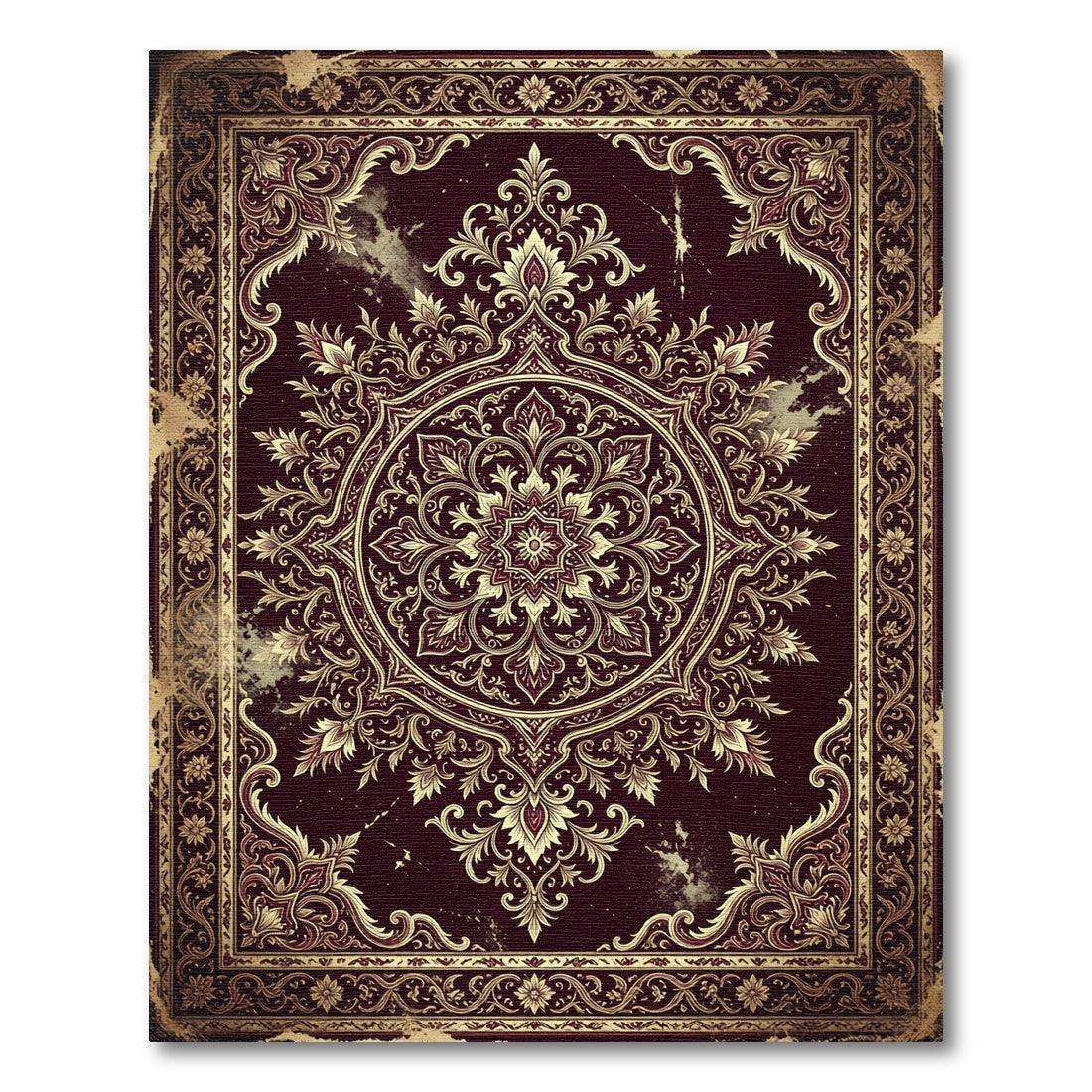 Ornate Deep Burgundy Gold Filigree Medallion Rug