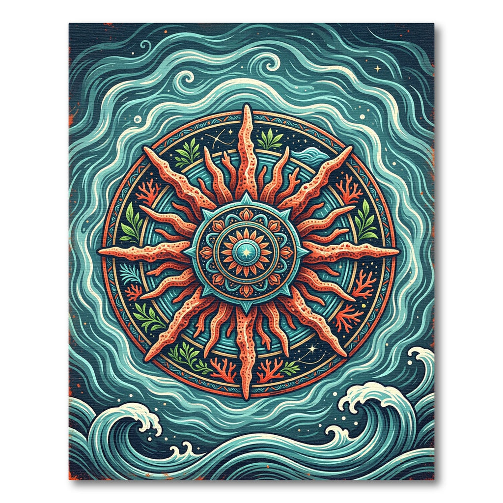 Radiant Coral Sun Nautical Ocean Medallion Rug