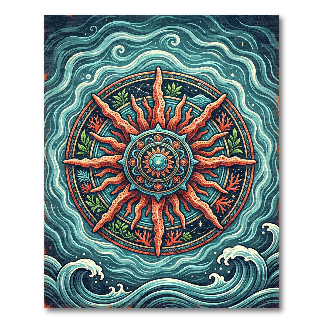 Radiant Coral Sun Nautical Ocean Medallion Rug