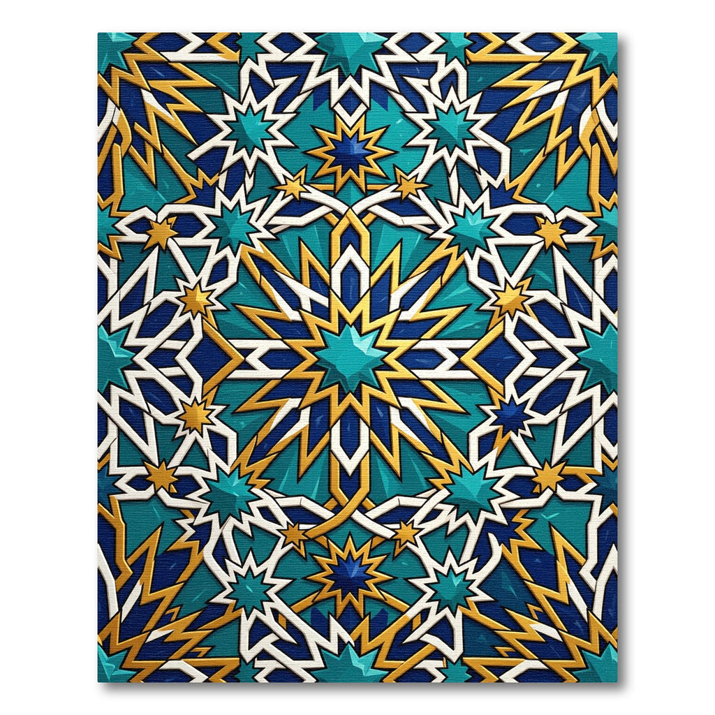 Geometric Teal and Gold Star Tile Rug