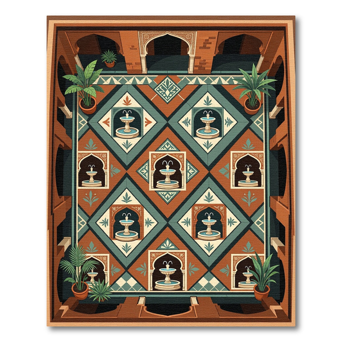 Terra Cotta Teal Diamond Fountain Mosaic Rug