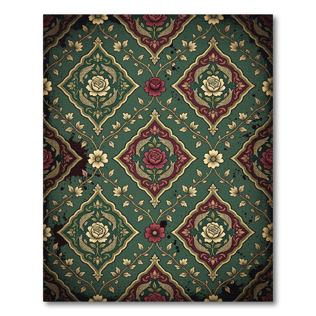 Vintage Emerald Rose Fish Damask Rug