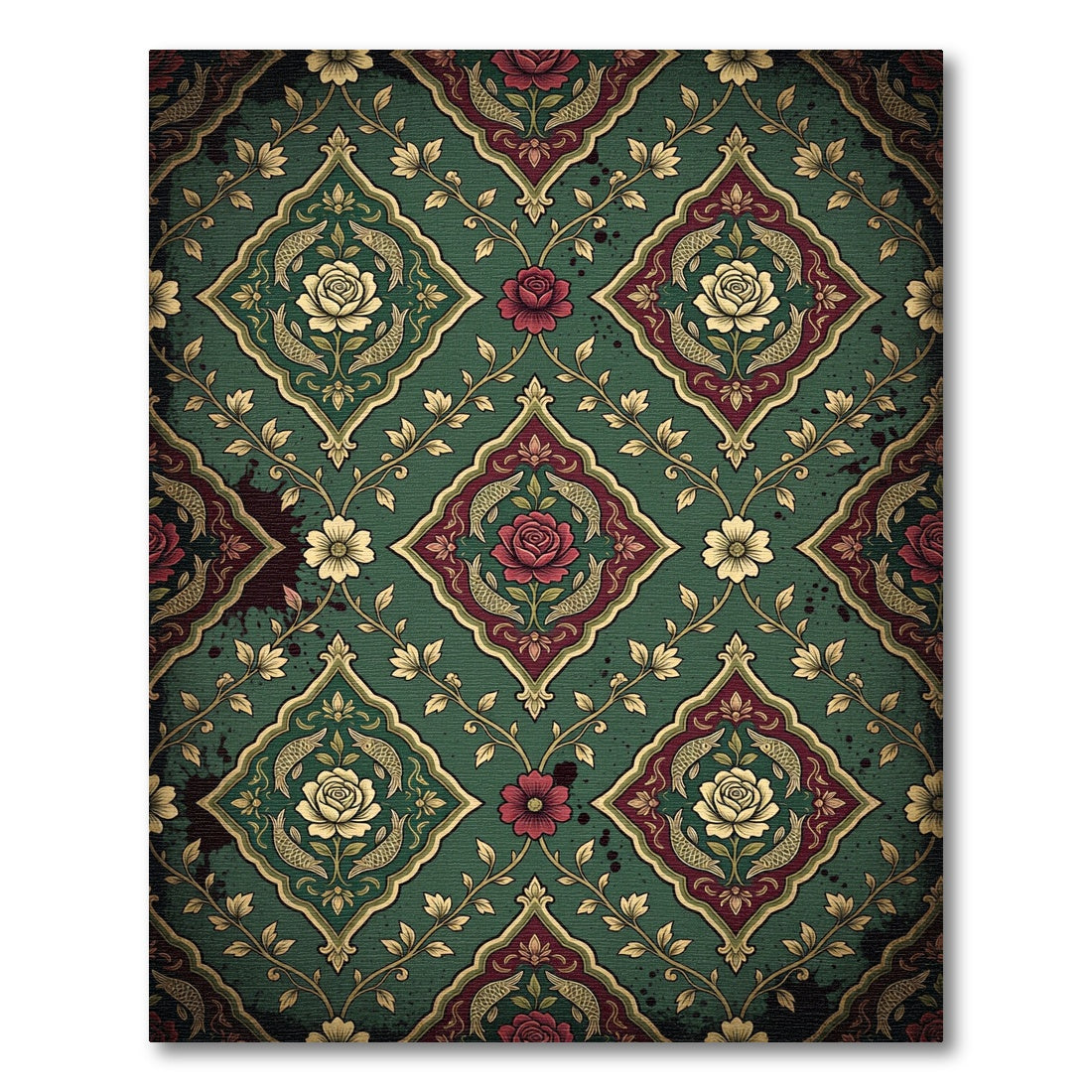 Vintage Emerald Rose Fish Damask Rug