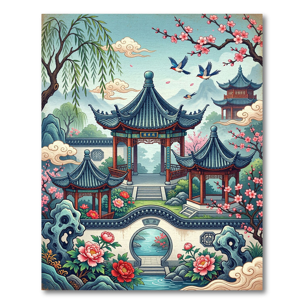 Chinoiserie Pagoda Garden Floral Illustration Rug