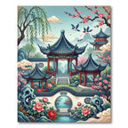 Chinoiserie Pagoda Garden Floral Illustration Rug