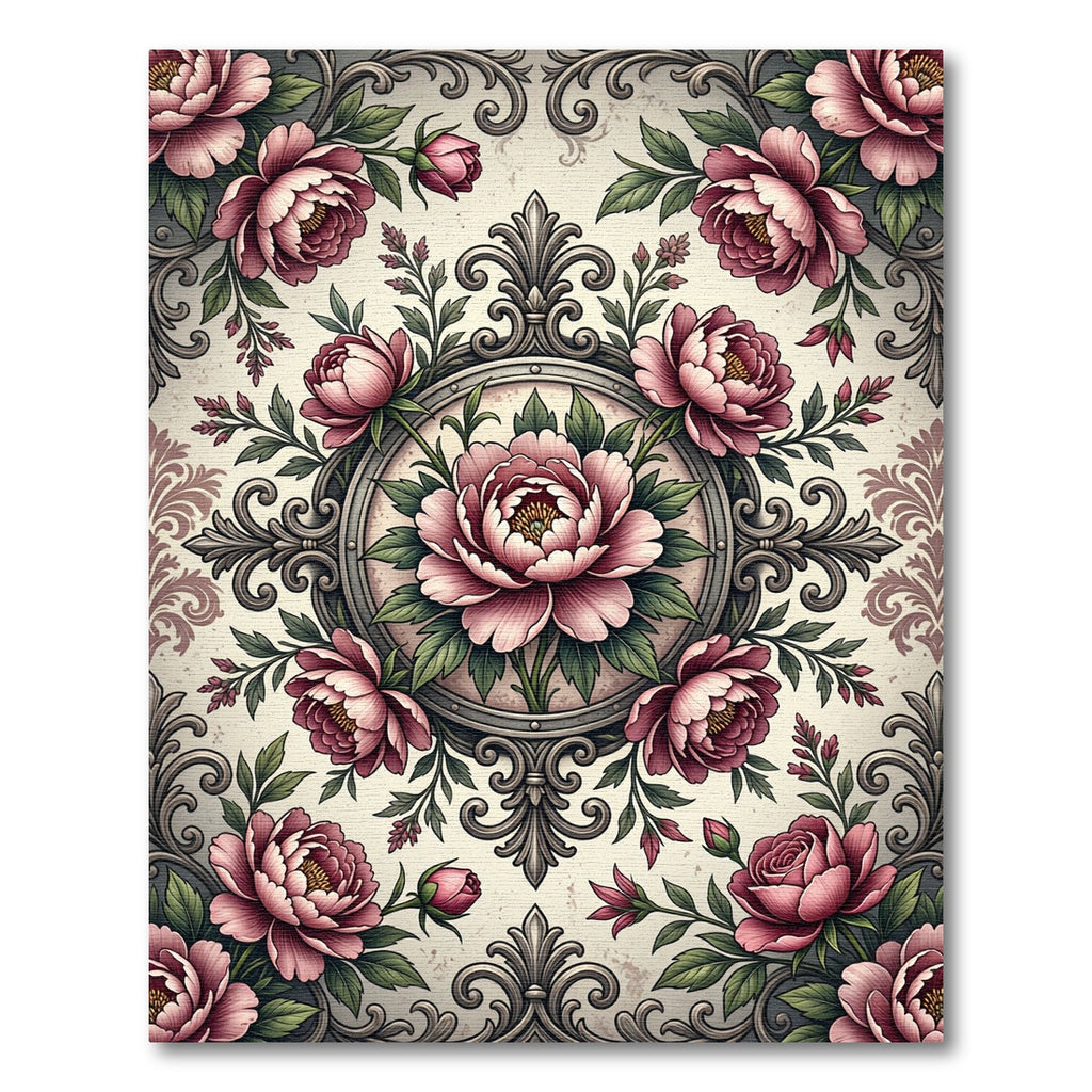 Vintage Pink Peony Filigree Medallion Rug