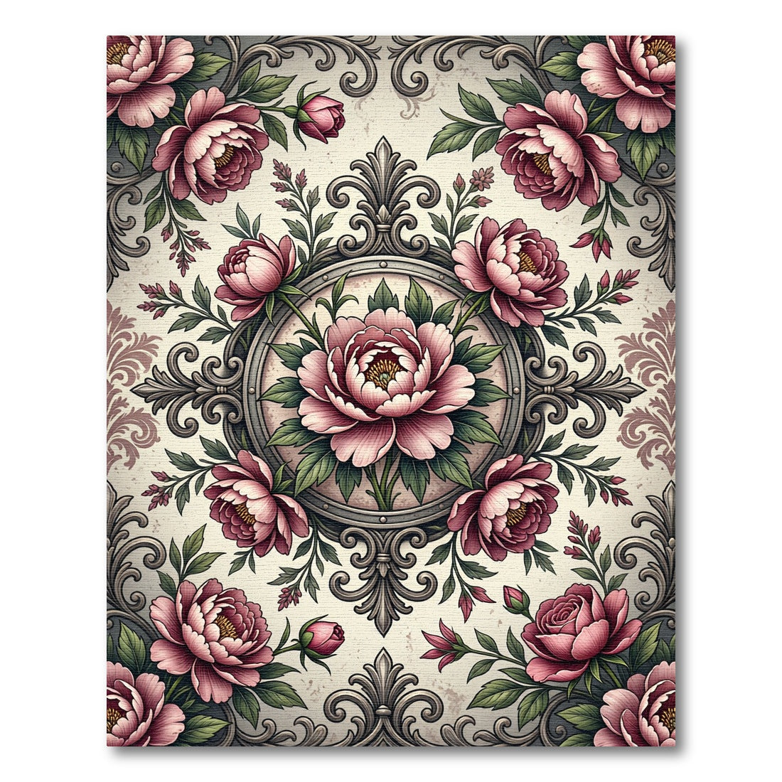 Vintage Pink Peony Filigree Medallion Rug