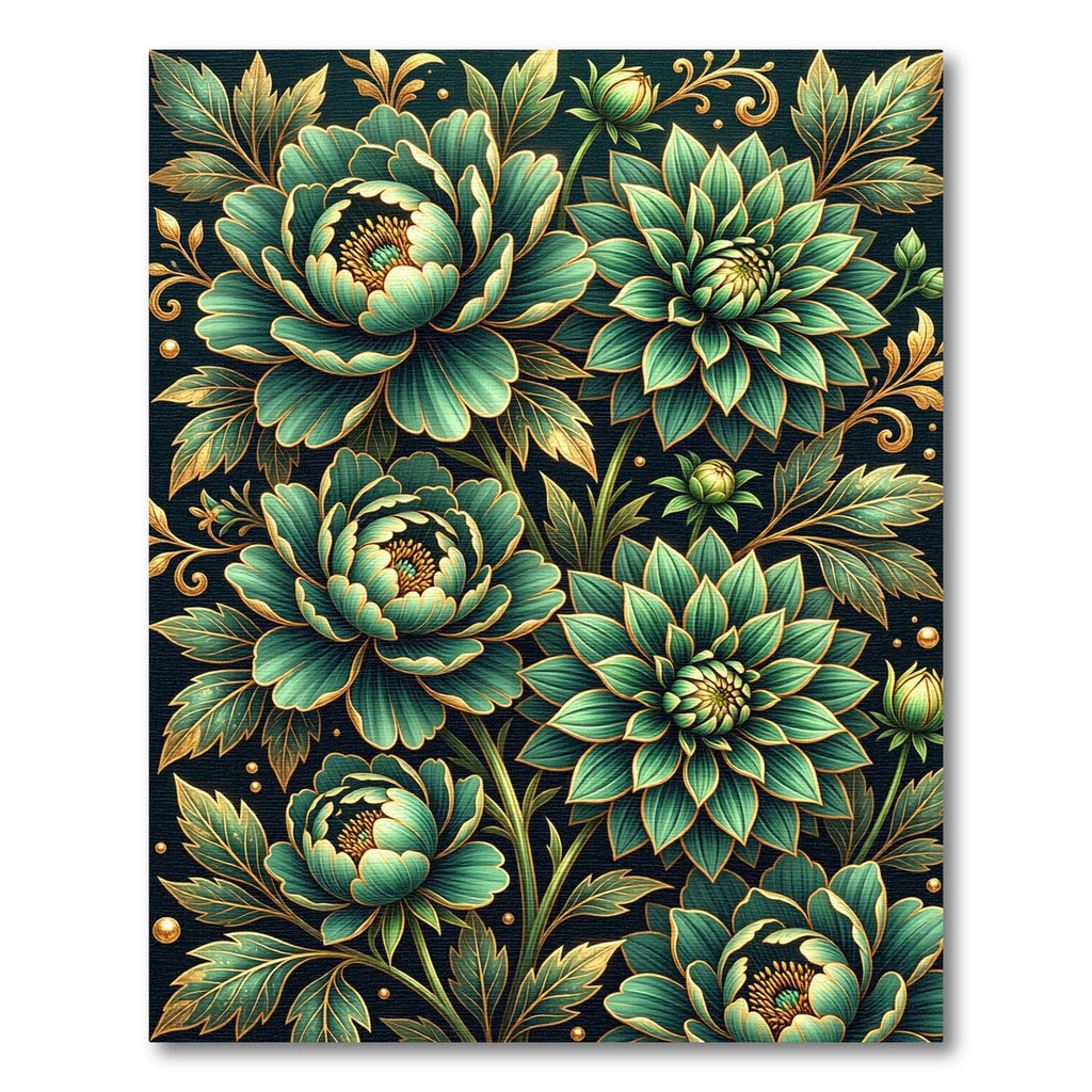 Emerald Green Floral Golden Outline Rug