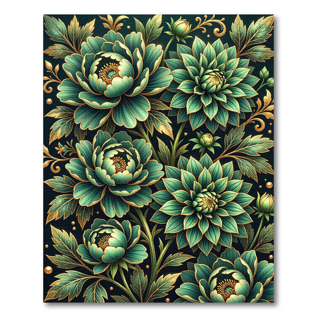 Emerald Green Floral Golden Outline Rug