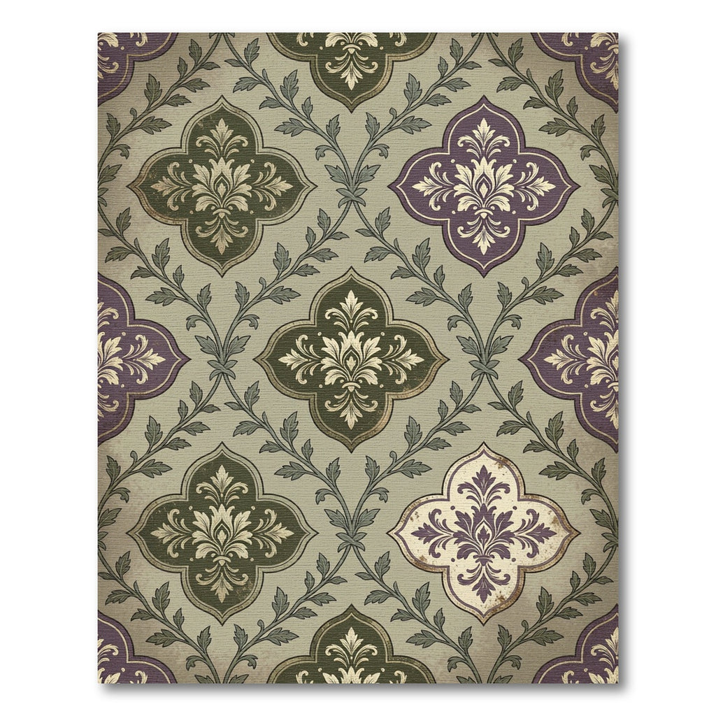 Damask Olive and Plum Quatrefoil Scroll Rug