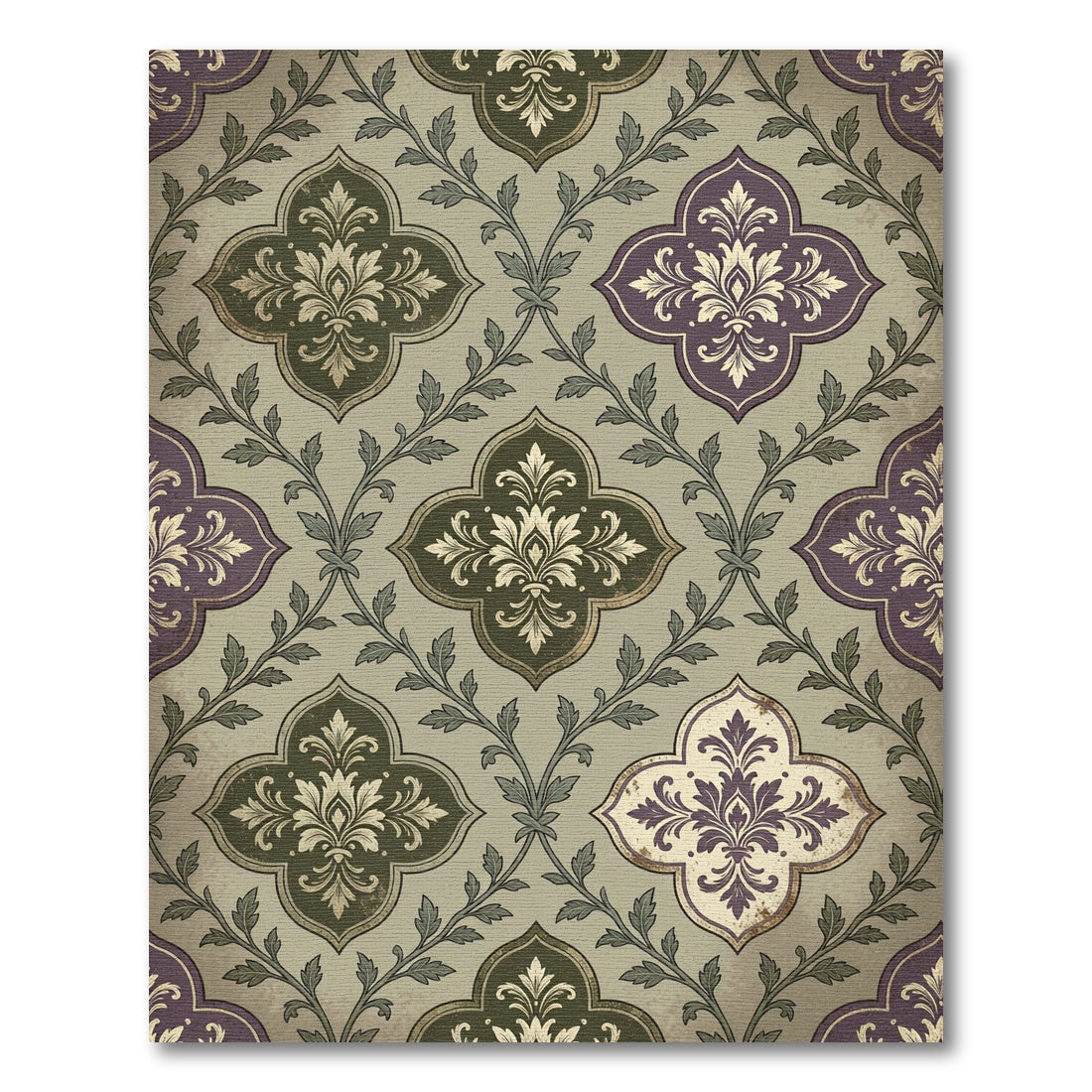 Damask Olive and Plum Quatrefoil Scroll Rug