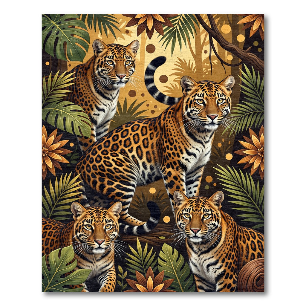 Four Jaguars Amidst Golden Jungle Foliage Rug