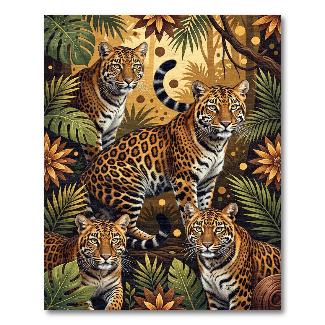 Four Jaguars Amidst Golden Jungle Foliage Rug