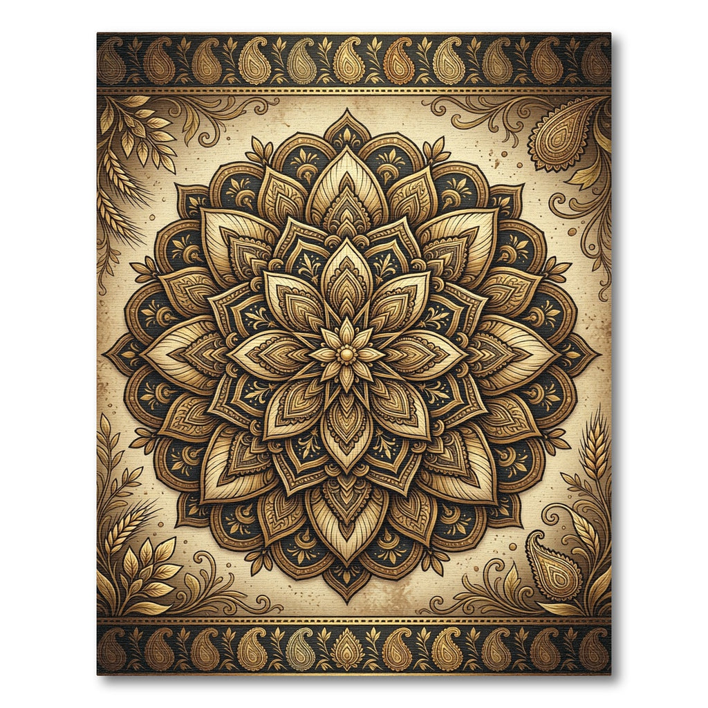 Golden Floral Medallion Black Ornate Rug