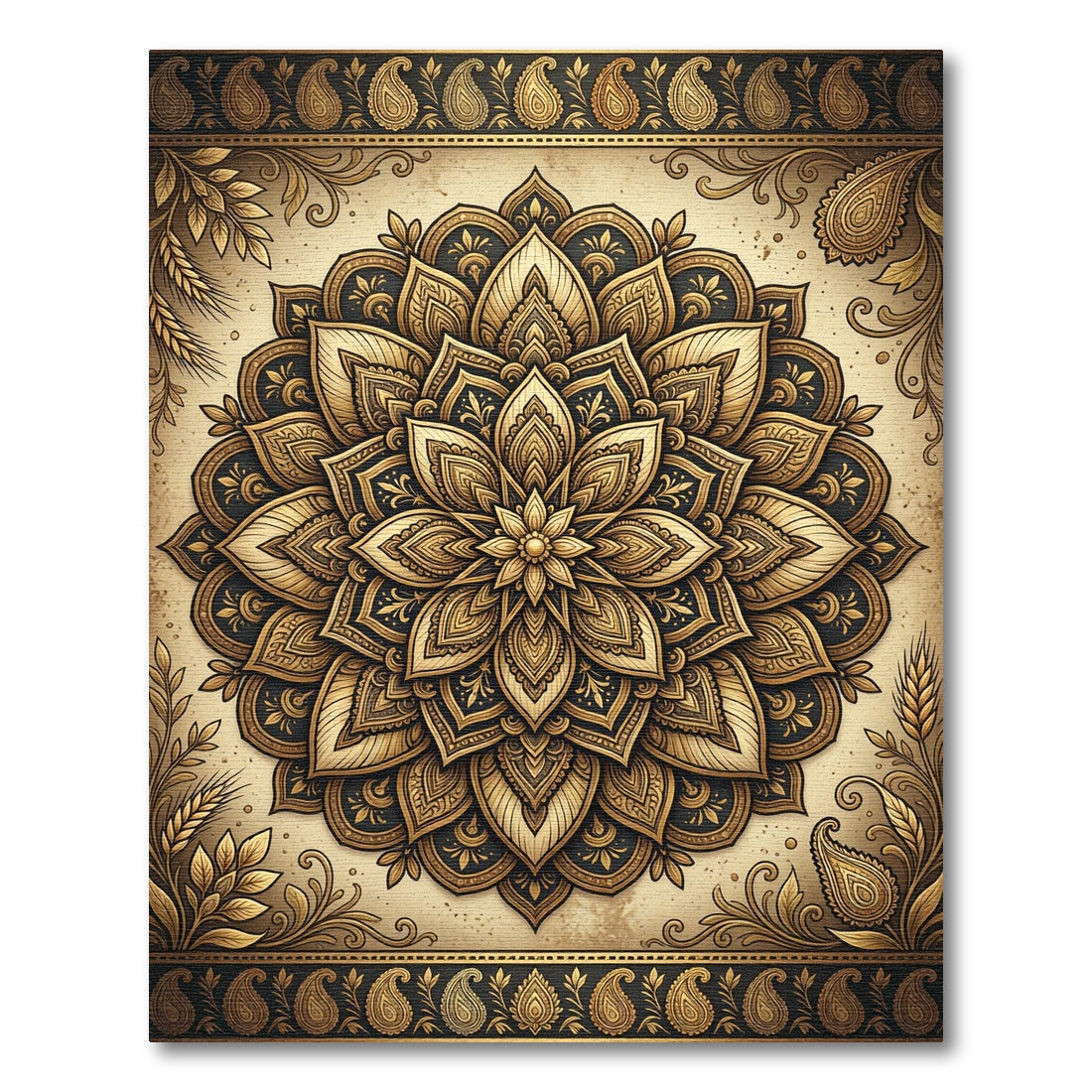 Golden Floral Medallion Black Ornate Rug
