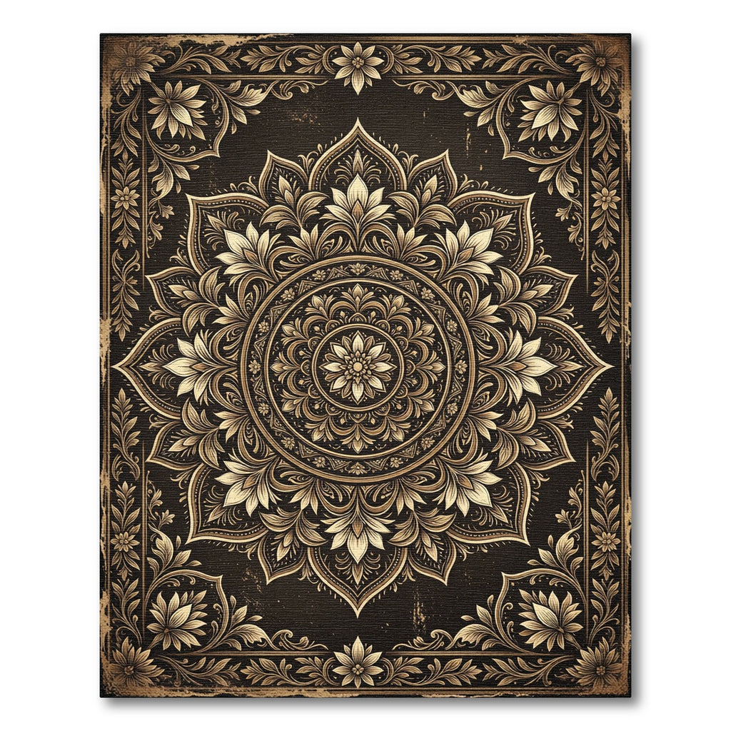 Ornate Gold Floral Mandala Medallion Rug