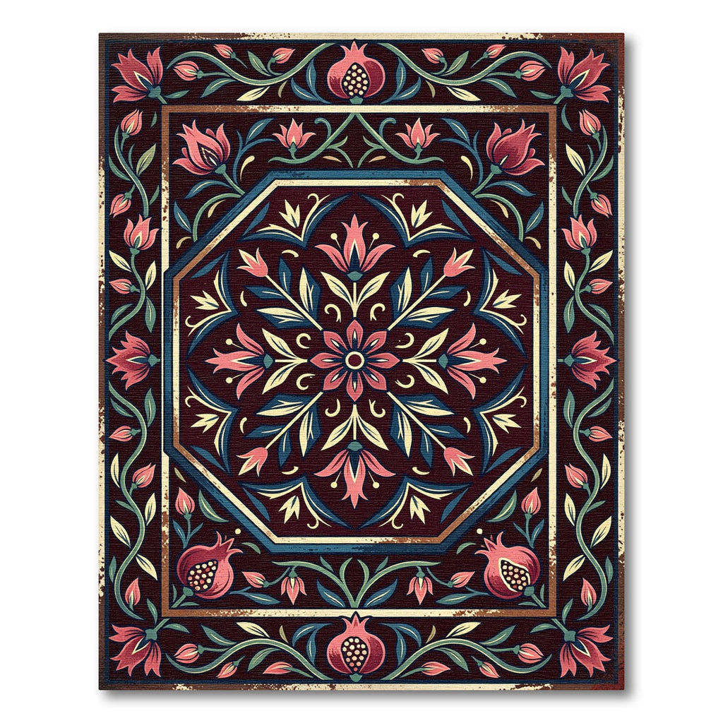 Dark Burgundy Pomegranate Floral Medallion Rug