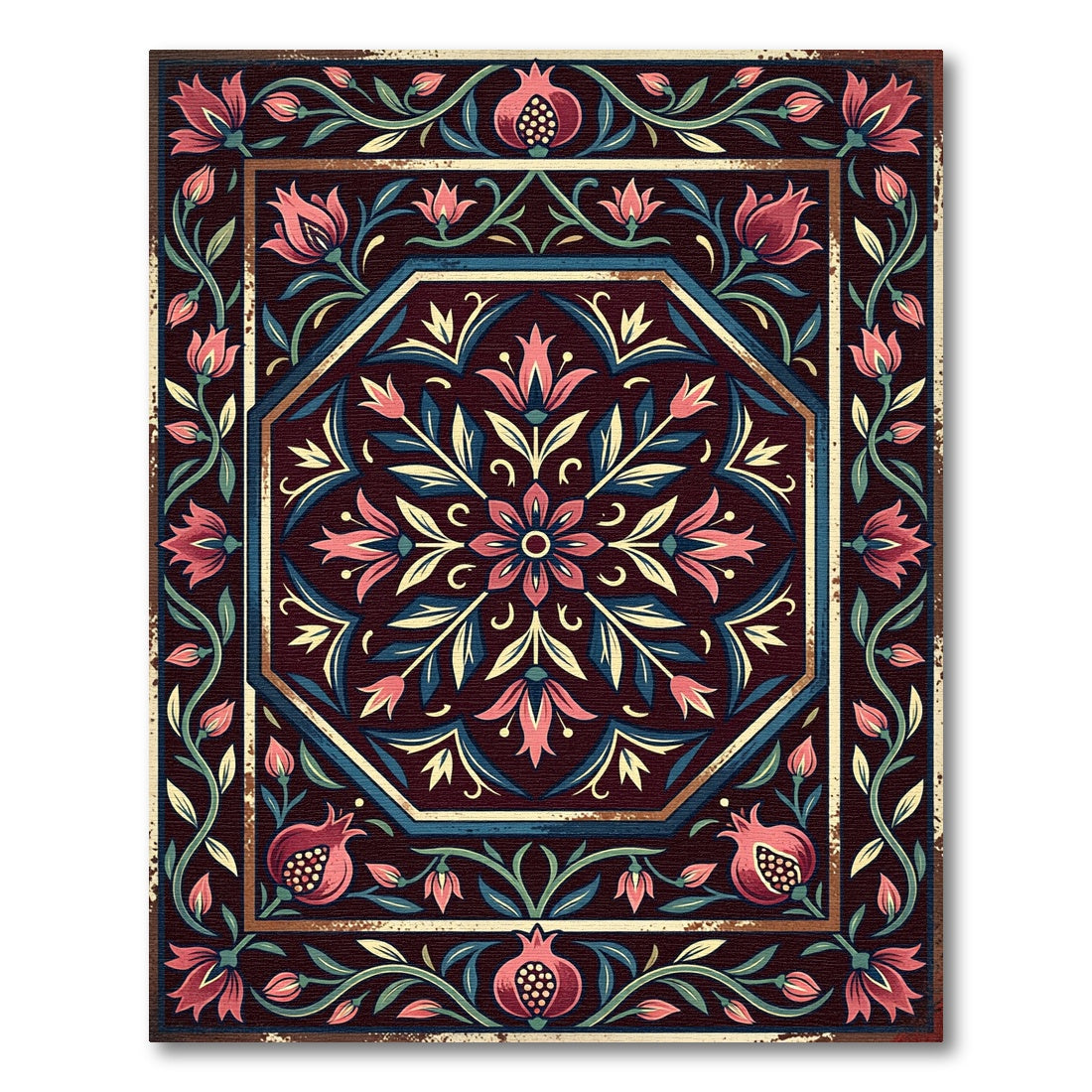 Dark Burgundy Pomegranate Floral Medallion Rug