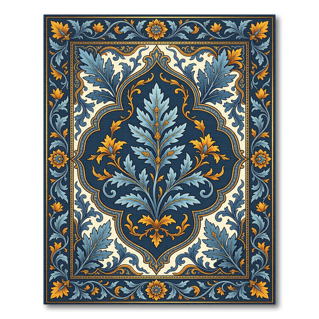 Luxurious Navy Blue Golden Acanthus Scroll Rug
