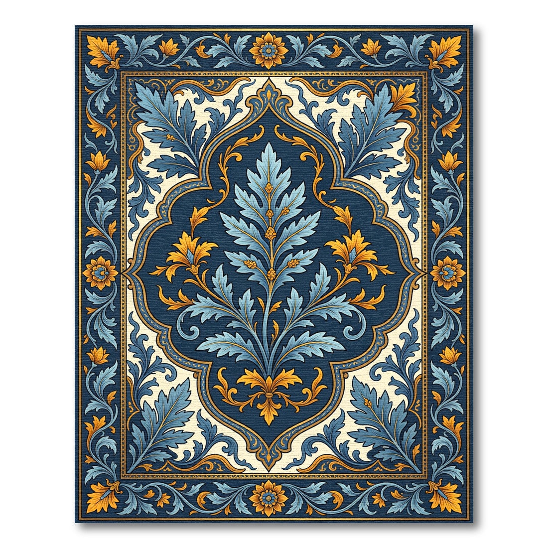 Luxurious Navy Blue Golden Acanthus Scroll Rug