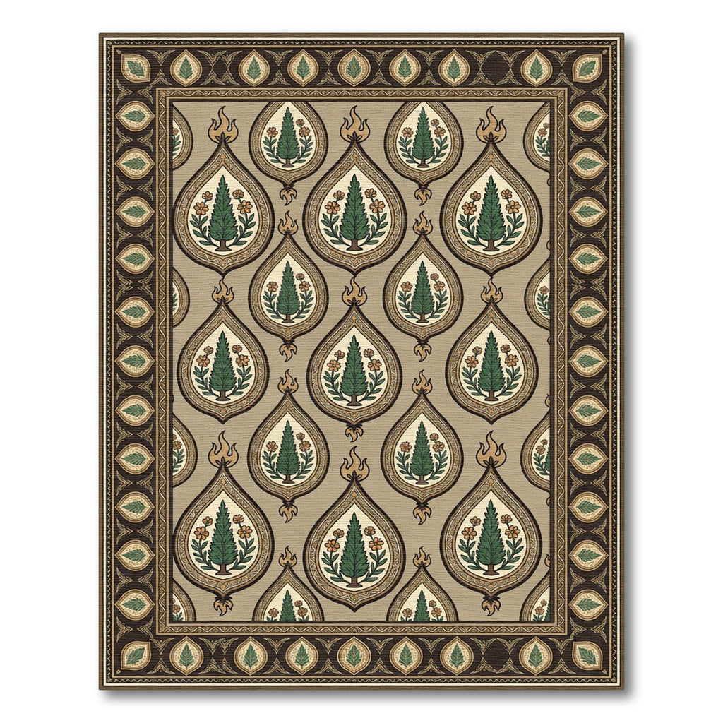 Teal Green Tree Tear Drop Border Rug