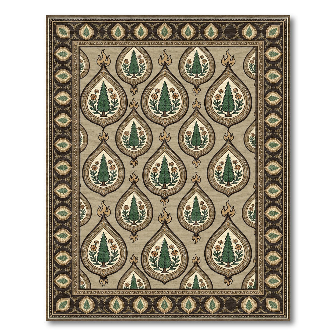Teal Green Tree Tear Drop Border Rug
