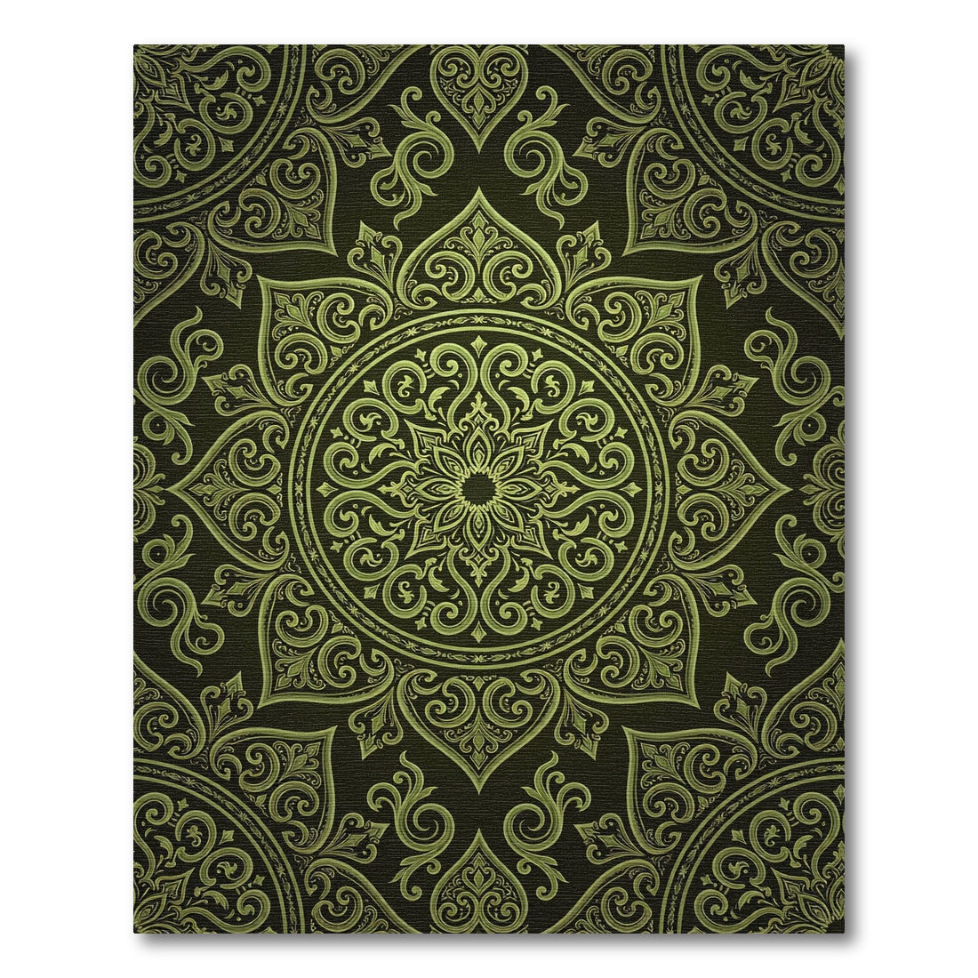 Olive Green Ornate Floral Damask Rug