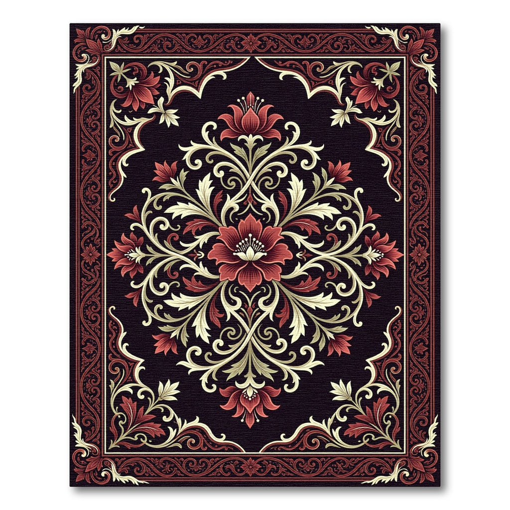 Elegant Crimson Floral Symmetry Art Rug