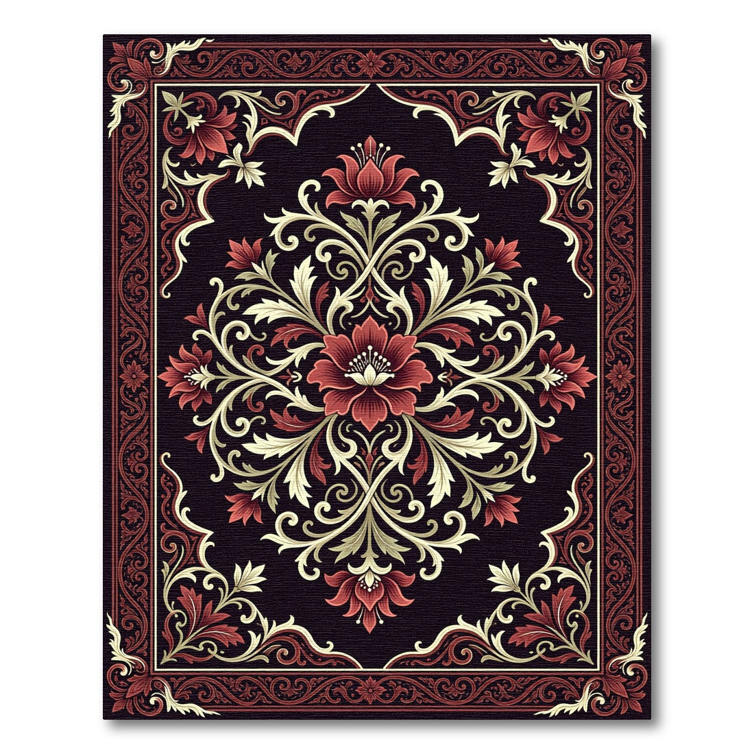 Elegant Crimson Floral Symmetry Art Rug