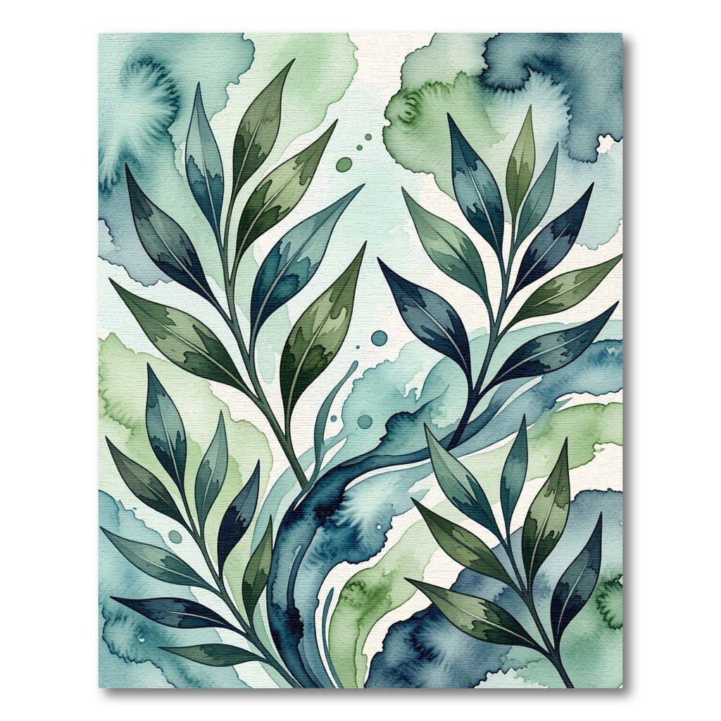 Lush Blue and Green Botanical Watercolor Rug