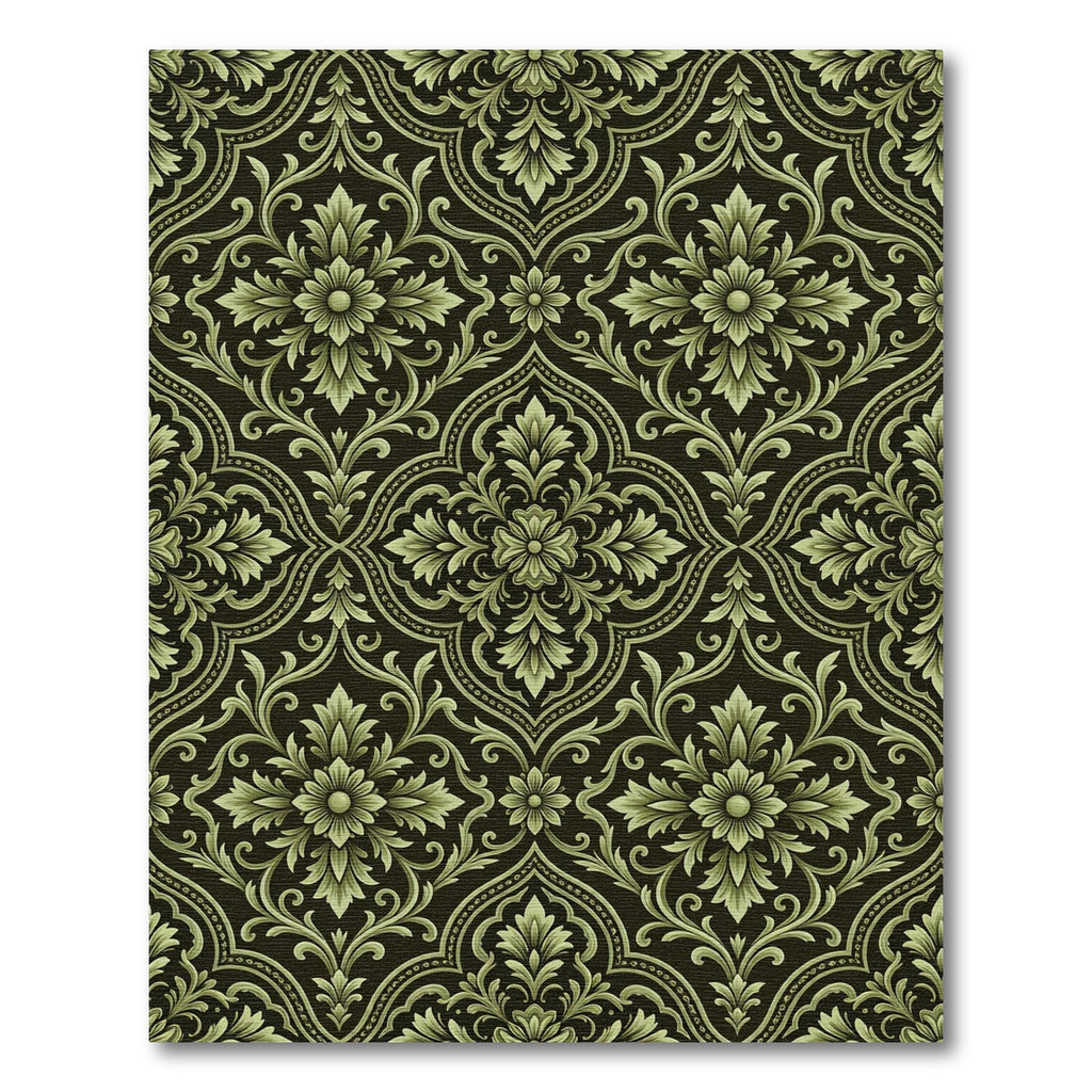 Ornate Green Damask Floral Medallion Rug
