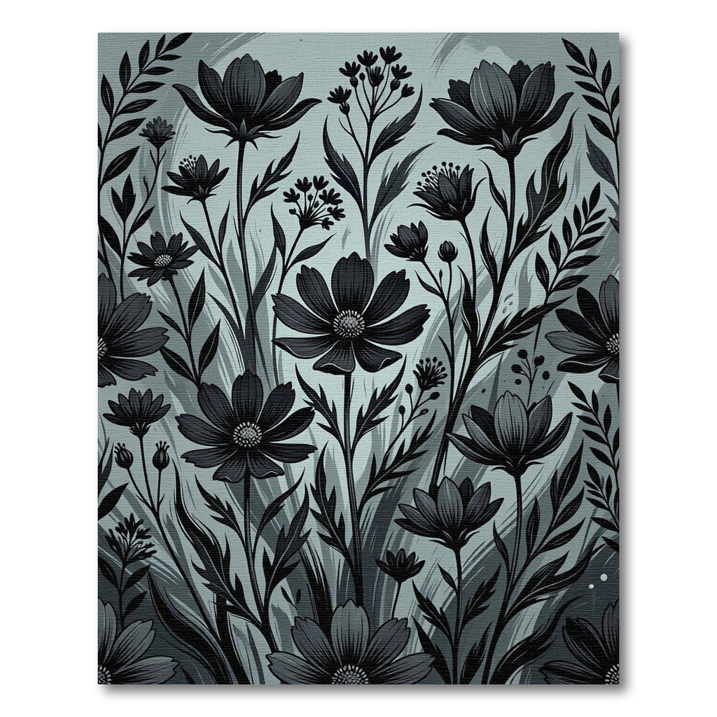 Monochromatic Charcoal Botanical Meadow Illustration Rug