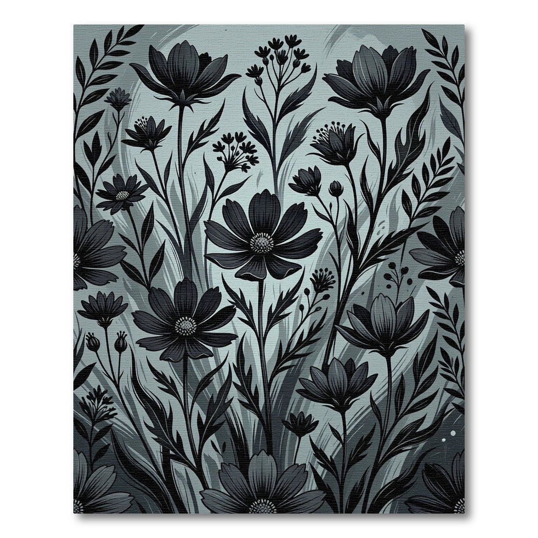 Monochromatic Charcoal Botanical Meadow Illustration Rug