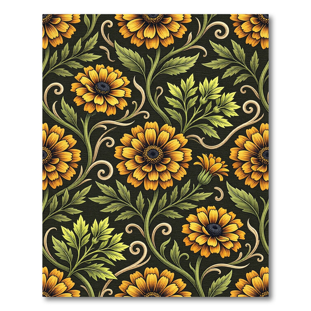 Golden Marigold Floral Scroll Black Rug