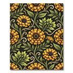 Golden Marigold Floral Scroll Black Rug