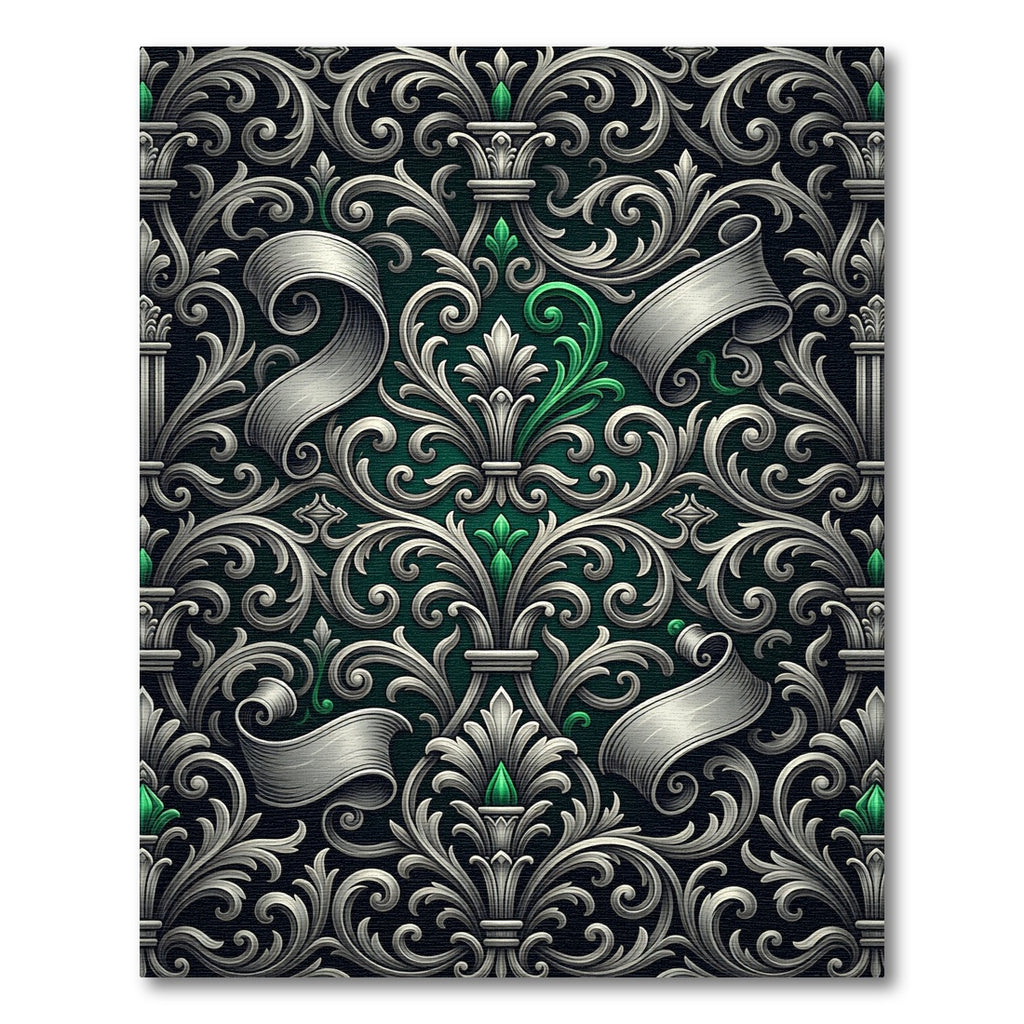 Elegant Silver Damask Scroll Emerald Accents Rug
