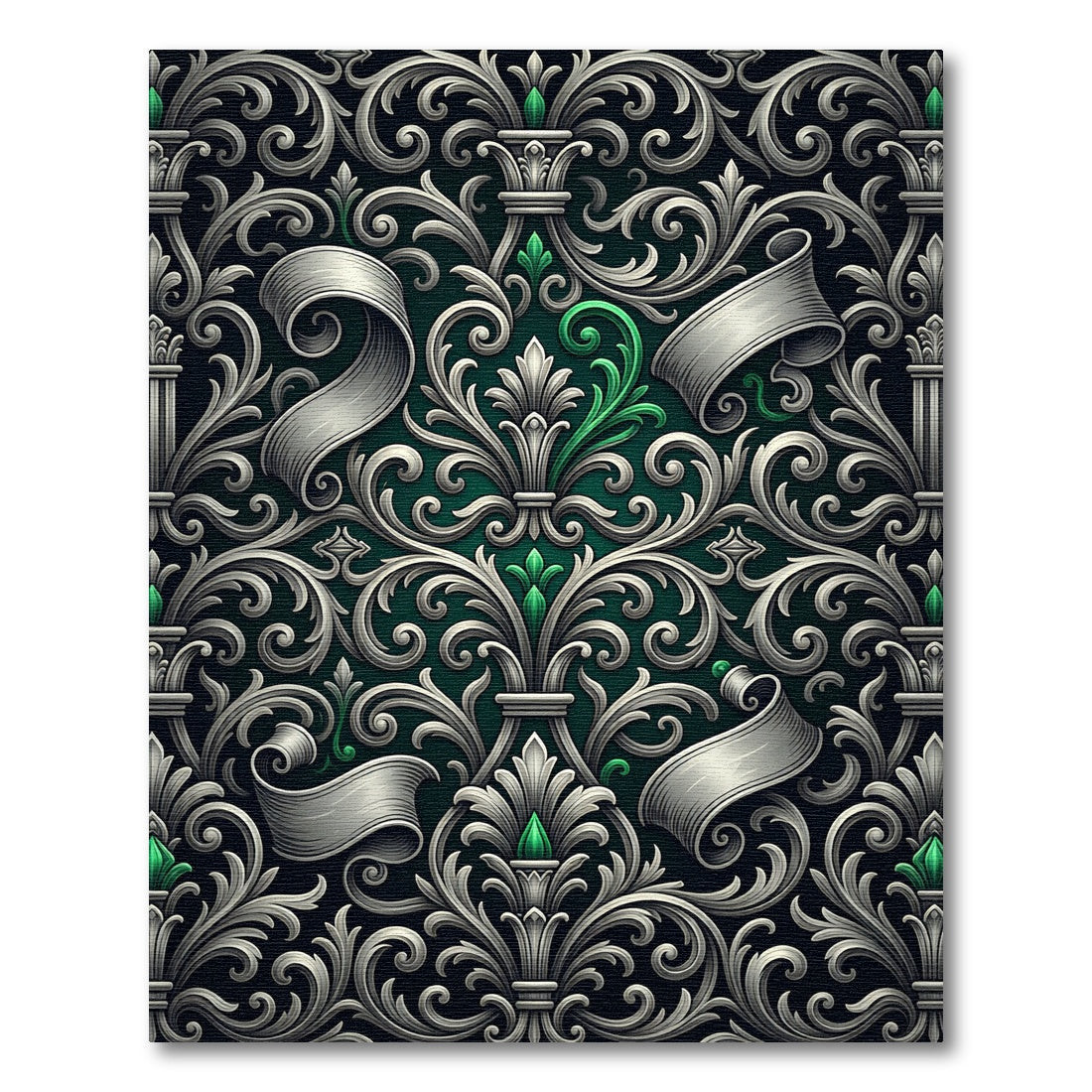 Elegant Silver Damask Scroll Emerald Accents Rug