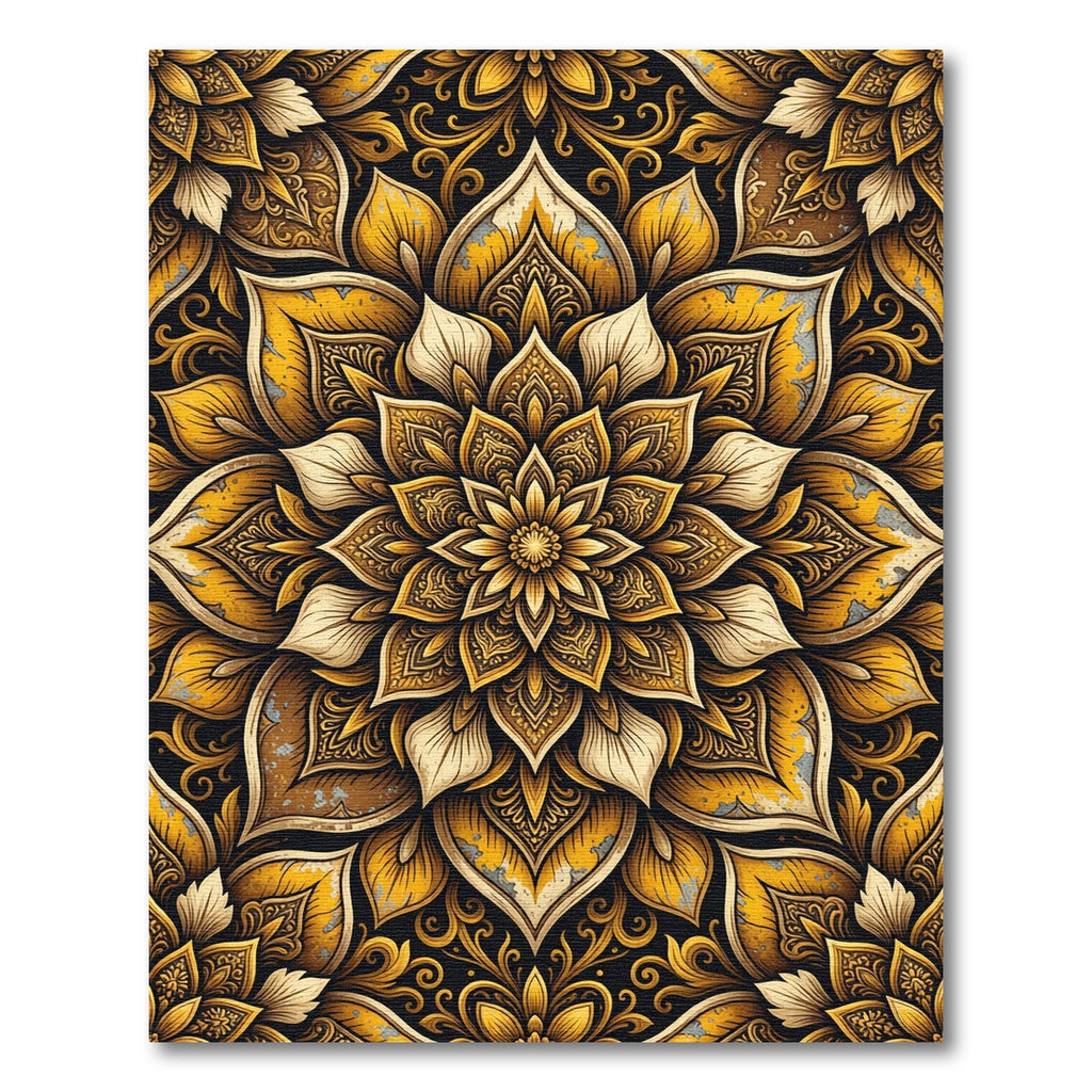 Opulent Golden Floral Scroll Medallion Rug